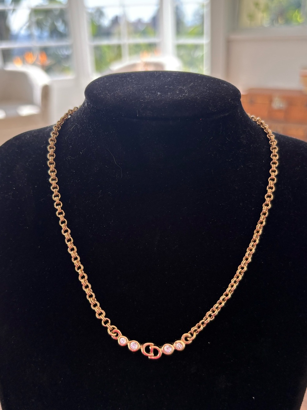 Christian Dior Gold-Tone Chain Necklace with Crystal Accents & ‘CD’